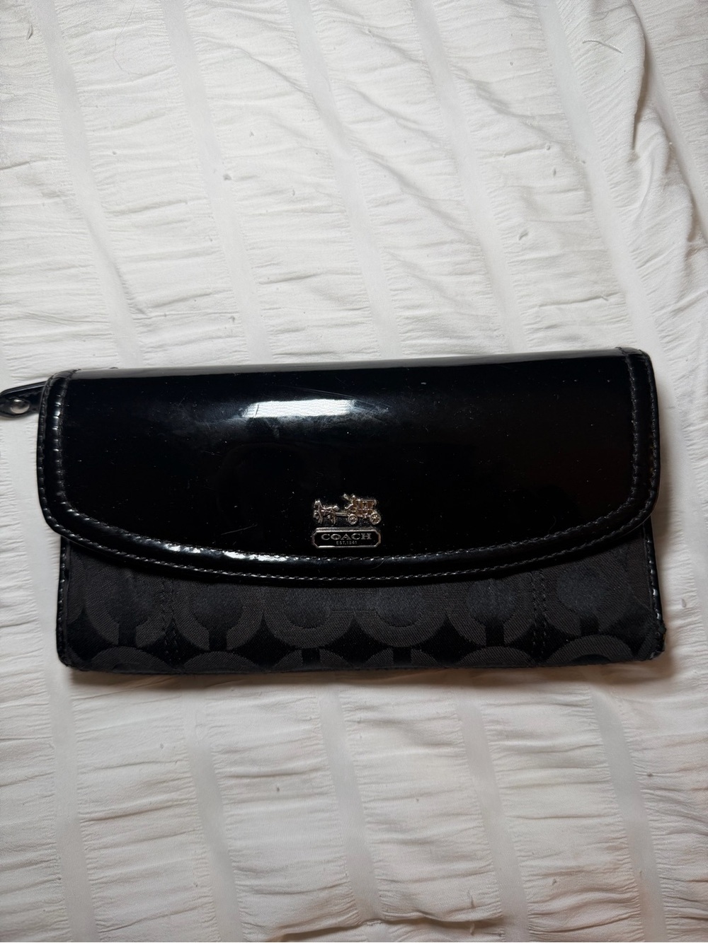 Coach Black Patent & Signature Fold-Over Wallet